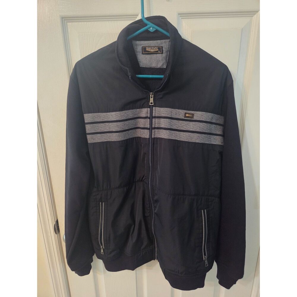 ​Galvani Mens Full Zip Jacket Black Large Striped Track Bomber Sweatshirt